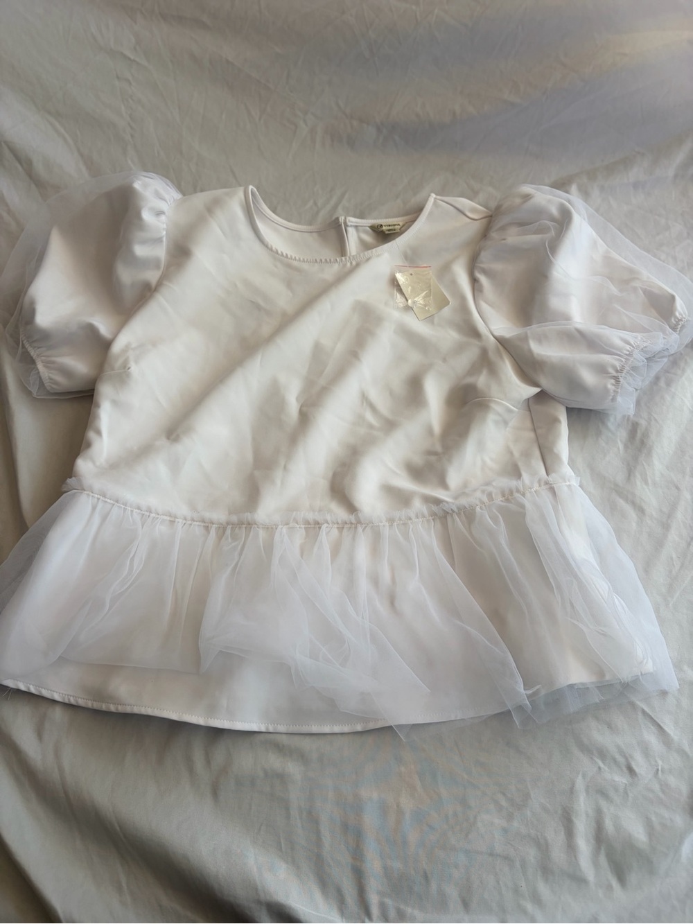 Versona White Puff Sleeve Tulle Peplum Top